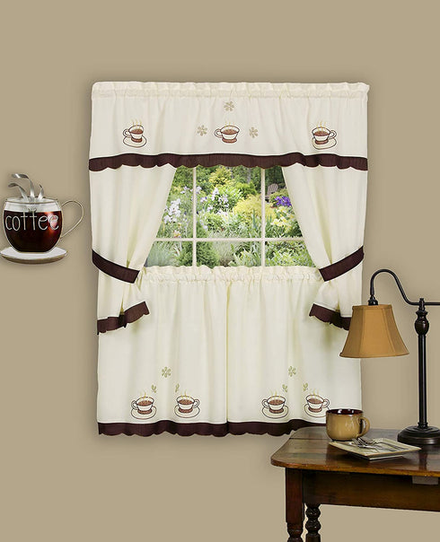 Achim Home Furnishings 58-Inch by 36-Inch Cuppa Joe Embellished Cottage Topper with 58-Inch by 36-Inch Swaggers for Windows