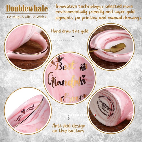 Doublewhale Grandma Gifts - Mothers Day Gifts for Grandma - Birthday Gifts for Grandma from Granddaughter Grandson Grandchildren - Best Grandma Ever Marble Ceramic Coffee Mug 14Oz with Lid Pink