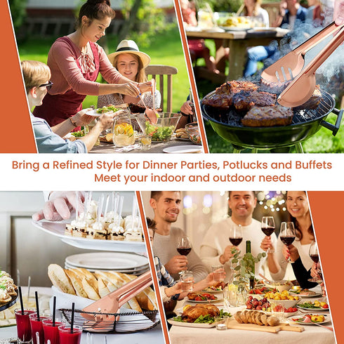 Stainless Steel Serving Utensils Large Serving Spoon Set of 9.45 Inch Metal Tongs 9 Inch Serving Forks 8.7 Inch Slotted Spoons 8.7 Inch Serving Spoons for Kitchen Party Supply (Rose Gold,8 Pieces)