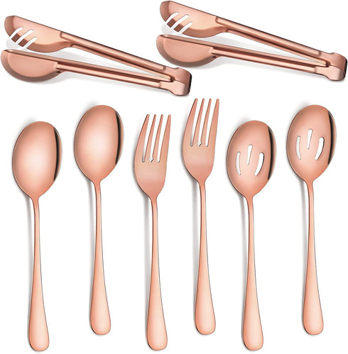 Stainless Steel Serving Utensils Large Serving Spoon Set of 9.45 Inch Metal Tongs 9 Inch Serving Forks 8.7 Inch Slotted Spoons 8.7 Inch Serving Spoons for Kitchen Party Supply (Rose Gold,8 Pieces)