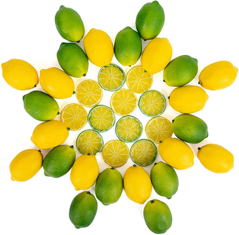 Fake Lemons Limes and Slices Set - 36 Kit Decoration Faux Citrus Fake Fruit - Artificial Lemons Fruit Decorations for Kitchen Home Office Weddings Table Centerpiece Party Tree Lemon Decor for Kitchen