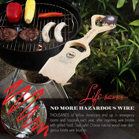 Wood Grill Scraper - Wooden Alternative for A BBQ Grill Brush, Made from Natural Beech Hardwood - Uses The New EasyShape Technology for Safe Cleaning & Bristle Free Barbecue