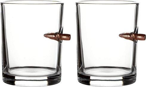 Houseables .308 Bullet Glasses, Glass Whiskey Cups, 9.5 OZ, 2 Pk, Rocks Cup, Drinking Lowball w/Round Embedded, Old Fashioned, Scotch, Bourbon, Copper Projectile, Cocktails, Gift Set, Gift for Men