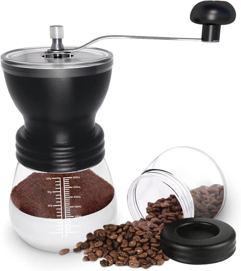 JARNAR Manual Coffee Bean Grinder Ceramic Burr Stainless Steel Handle with 2 Translucent Bottom Glass Jars Hand Coffee Mill for Home Office and Travelling