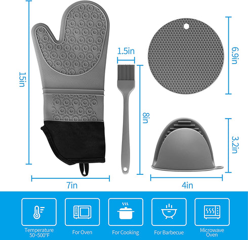 SD SENDAY Silicone Oven Mitts Baking Set, Extra Long 7Pcs Heat Resistant Non-Slip Cotton Lining Gloves with Mini Oven Gloves and Hot Pads Potholders & Brush for BBQ Kitchen Baking Cooking