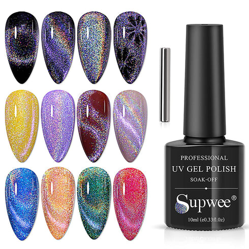 SUPWEE Universal Rainbow Cat Eye Gel Polish Holographic 9D Cat Eye Nail Polish Sparkle Nail Gel Polish with Magnetic Stick Varnish Nail Art Nail Salon Manicure 1 Bottle 10ML(0.33fl.oz)
