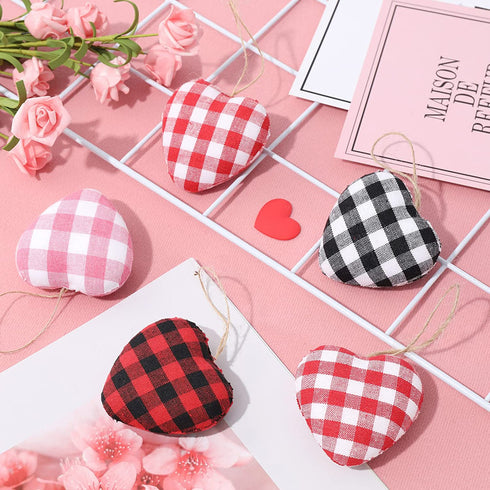 Whaline 24Pcs Valentine's Day Heart Ornaments Buffalo Check Heart Ornament 4 Designs Black Red White Pink Plaid Hanging Decorations for Wedding Anniversary Birthday Christmas Craft Gifts