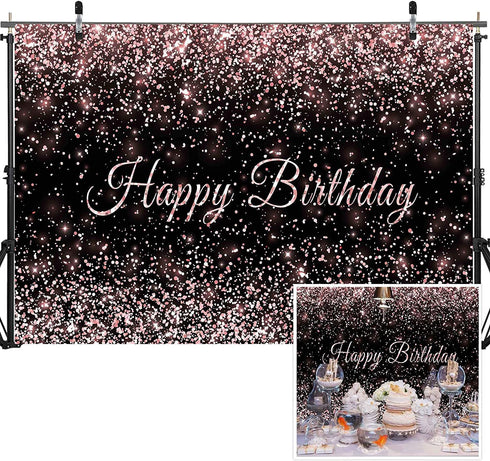 Toylin Rose Gold Black Birthday Decorations, Black Rose Gold Birthday Photography Backdrop Banner for Boys Girls Men Women Birthday Party Decorations Supplies