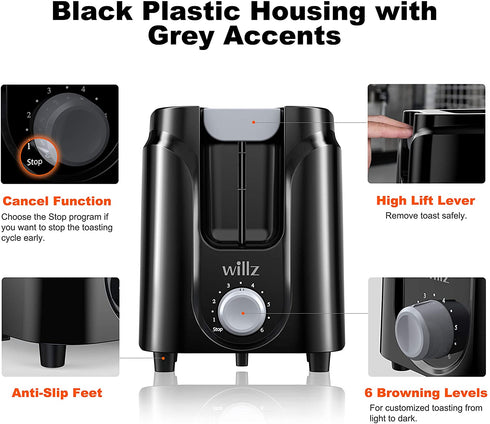Willz Extra Wide Slot Toaster with Shade Selector, Auto Shut-off and Cancel Functions, Hinged Crumb Tray, 2-Slice, Black