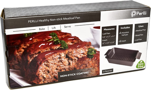 PERLLI Nonstick Meat Loaf Pan Bread Pan with Insert, 2-Piece Healthy Meatloaf Pan Set, Grey