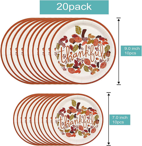 HAIL Thanksgiving Paper Plates Set, Thanksgiving Disposable Dinnerware Set for 10 Guests includes 10 9In Dinner Plates10 7In Dessert Plates and 10 Set Wooden Cutlery -Happy Harvest and Give Thanks