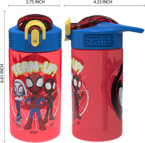 Zak Designs Marvel Spider-Man Kids Water Bottle with Spout Cover and Carrying Loop, Made of Durable Plastic, Leak-Proof Water Bottle Design for Travel (16 oz, 2-Pack, Spidey and His Amazing Friends)