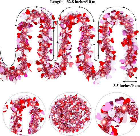 Fovths 32.8 Feet Valentines Tinsel Garland Metallic Tinsel Twist Garland with Red String Lights Valentines Tree Hanging Garland Decoration for Valentine Indoor Outdoor Decorations (Red, Pink, White)