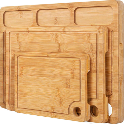 Bamboo Cutting Boards for Kitchen, (Set of 3) Kitchen Chopping Board with 3 Built-In Compartments and Juice Groove Heavy Duty Serving Tray Wood Butcher Block and Wooden Carving Board with Hole