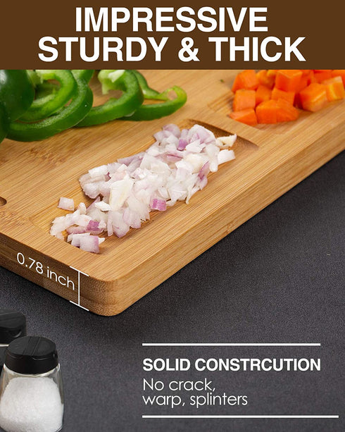 Bamboo Cutting Boards for Kitchen, (Set of 3) Kitchen Chopping Board with 3 Built-In Compartments and Juice Groove Heavy Duty Serving Tray Wood Butcher Block and Wooden Carving Board with Hole