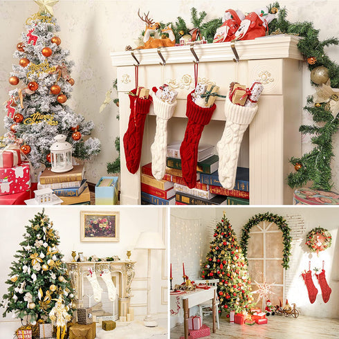 HOMEBROS Christmas Stockings, 4 Packs Large Christmas Stockings 18 Inches Classic Cable Knitted Christmas Stockings Ivory White and Burgundy for Family Xmas Holiday Party Decoration