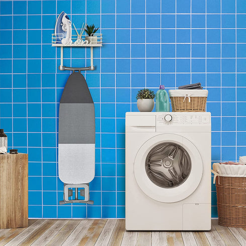 TJ.MOREE Ironing Board Hanger Wall Mount - Laundry Room Decor Iron and Ironing Board Holder, Metal Wall Mount with Large Storage White Wooden Base Basket and Removable Hooks (White)