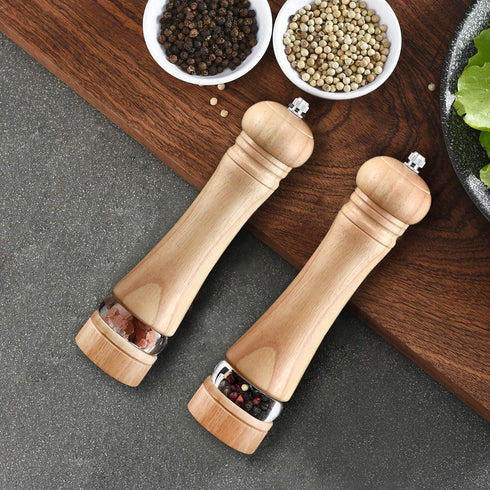 2-Piece Salt and Pepper Grinder Set, Wooden Salt and Pepper Mills with Adjustable Coarseness, Refillable Manual Pepper Mill Grinder for Home Cooks (8 inch)