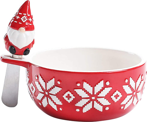 Bico Red Christmas Gnome Dip Bowl with Spreader, Handpainted Ceramic, Dishwasher Safe