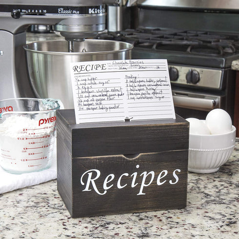 Black Recipe Box with Cards and Dividers - Wood Vintage Recipe Card Box with 100 4x6 Recipe Cards 12 Dividers and Conversion Chart Card - Gift Idea for Recipe Lovers