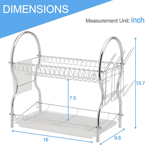 Dish Drying Rack, 2 Tier Dish Rack with Drain Board Kitchen Organizer, Chrome , ALHAKIN
