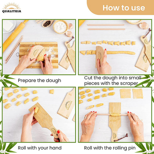 Gnocchi Board Set for Rolling Dough - 2 Pcs Paddles 2 Pcs Rollers 1 Pc Cutter - Bamboo Authentic Pasta Shaper Tools Butter Maker - Garganelli Cavatelli Tortellini Cavarola Roller - Great Cutlery Gift