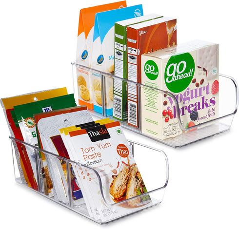 YIHONG 2 Pack Food Packet Organizer Bins, Plastic Clear Pantry Bins for Holding Seasoning Packets, Spice Packets, Pouches, Snacks in Kitchen, Cabinets or Countertop, with 2 Removable Dividers