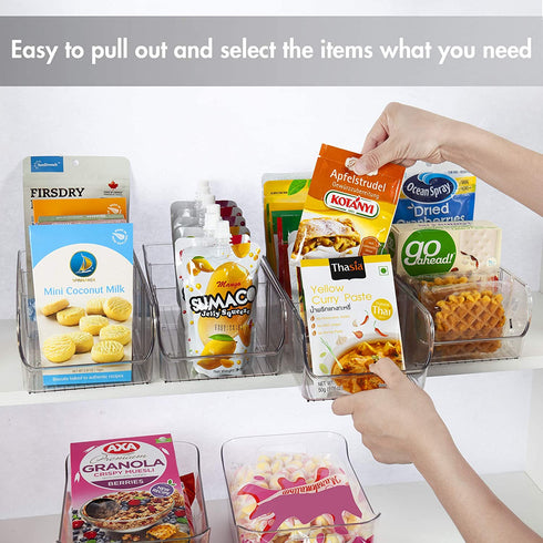 YIHONG 2 Pack Food Packet Organizer Bins, Plastic Clear Pantry Bins for Holding Seasoning Packets, Spice Packets, Pouches, Snacks in Kitchen, Cabinets or Countertop, with 2 Removable Dividers