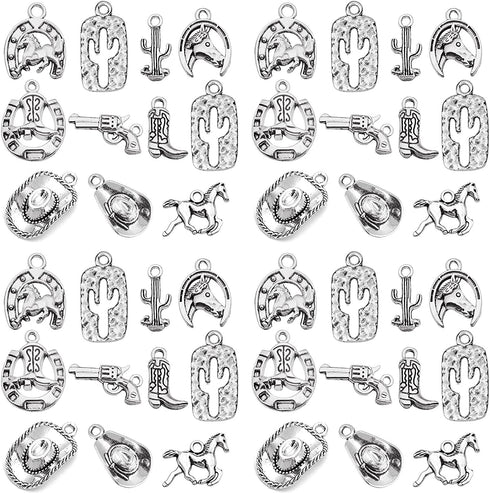 60PCS Antique Silver Western Cowboy Charms Pendants Horse Hat cactus Cowboy Boot Charms for Bracelet Earrings Necklace Jewelry Making (10 Style, 6 of Each)HM672
