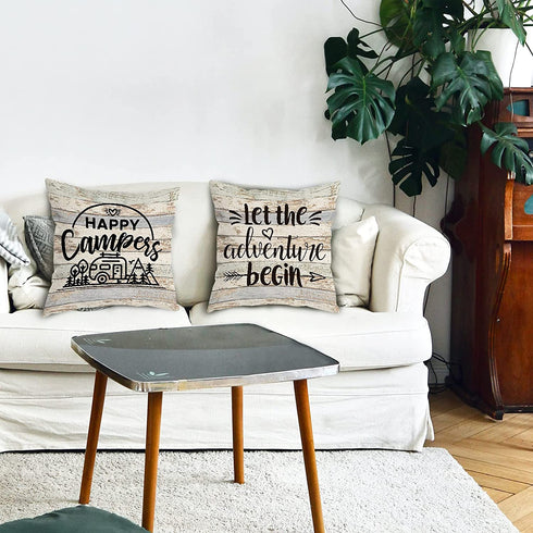 HUYAW Camping Happy Camper Decorative Throw Pillow Covers, Camping Camper Gifts for Women, Adventure Pillow Case Cover 18 x 18 Inch Home RV Camper Room Bed Sofa Decor Set of 2