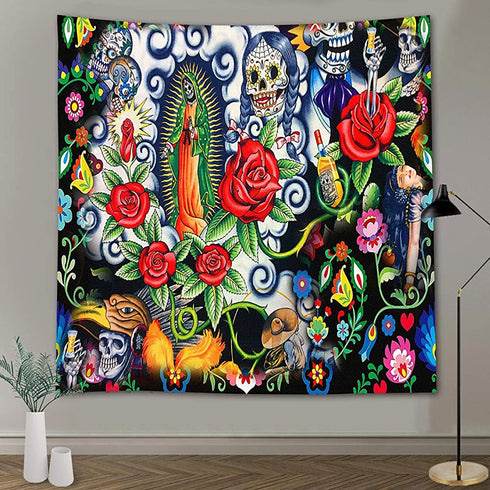 FEASRT Day of Dead Tapestry Skull Tapestry Mexican Skeleton Tapestries for Bedroom Living Room Apartment Dorm Decorations Wall Art Decor Tapestry 60x60 Inches GTZYAY427