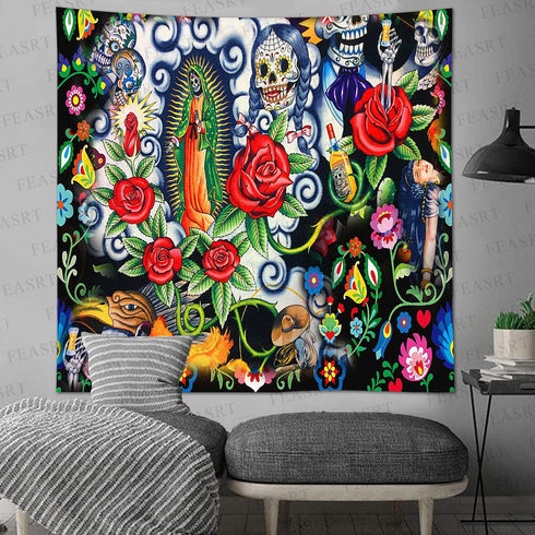 FEASRT Day of Dead Tapestry Skull Tapestry Mexican Skeleton Tapestries for Bedroom Living Room Apartment Dorm Decorations Wall Art Decor Tapestry 60x60 Inches GTZYAY427