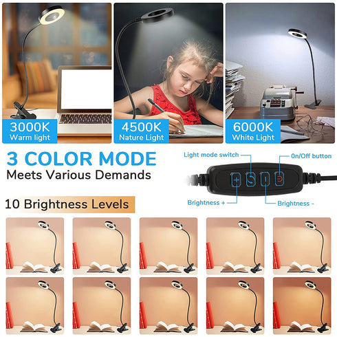 Clip on Desk Lamps,48 LEDs 360°Flexible Gooseneck Reading Table Light,3 Color Modes, 10 Dimmable Brightness, Eye-Caring USB Clamp Books Night Light for Home, Office, Dorm, Study, Work (Black)