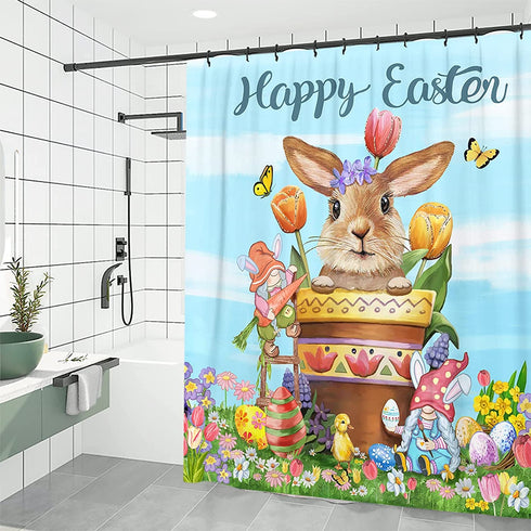 Easter Shower Curtain, Happy Easter Bunny Shower Curtains for Bathroom, Easter Eggs with Tulip Flowers and Gnomes Holiday Cloth Shower Curtain in Bath with 12 Rings, Spring Home Decorations 72x72
