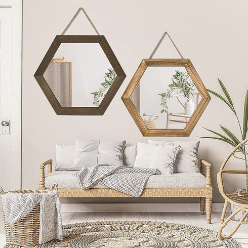 Emfogo Decorative Rustic Wall Mirror with 14 inch Hexagon Wood Framed Mirror for Bathroom,Bedroom,Over Door ,Farmhouse,Vanity, Living Room,Entryway Wall Decor