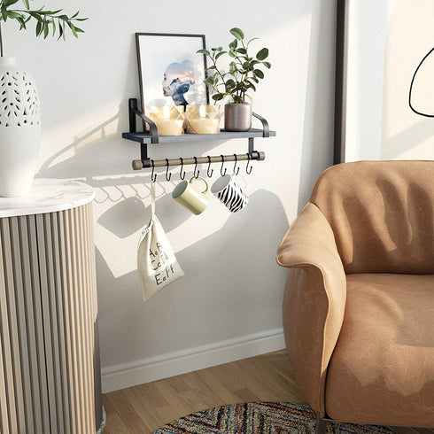 Love-KANKEI Wall Shelf for Storage Rustic Wood Kitchen Spice Rack with Towel Bar and 8 Removable Hooks for Organize Cooking Utensils or Mugs Floating Shelf Weathered Grey