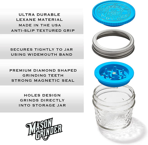 2 Piece Herb Grinder with Holes by Mason Grinder - Large Mouth - 2 Piece Herb Grinder with Holes - Fits on Wide Mason Jars (Jar Not Included)