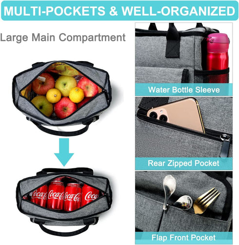 Lunch Bag for Women,VASCHY Ladies Fashion Insulated Lunch Box Tote Bag for Work School Office w Shoulder Strap Gray