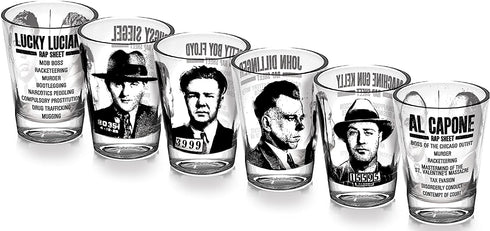Mug Shots - 6 Piece Shot Glass Set of Famous Gangster Mugshots - Comes in a Colorful Gift Box