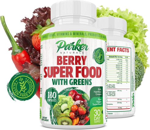 Parker Naturals Berry Green Superfood Capsules 180 ct. with Organic Greens & Organic Fruits, Enzymes, Probiotics, Antioxidants, Vitamins, Minerals - Alkalize & Detox - Non GMO, Vegan & Gluten Free