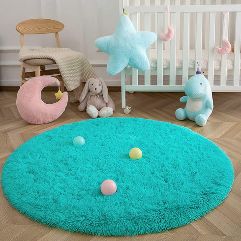 Goideal Round Fluffy Area Rug for Bedroom, Teal Blue Shaggy Rug for Boys Girls, Fuzzy Cute Princess Castle Nursery Room Rug, Circle Plush Floor Carpet for Babies Room Decor 4ft (4' Diameter)