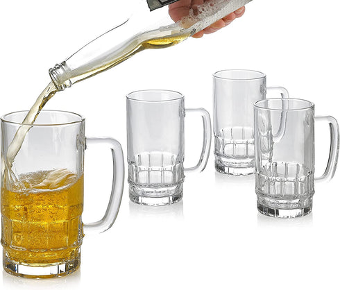 PARNOO Glass Beer Stein, Traditional Beer Mug Set, Beer Mugs with Handles, Freezable Beer Glasses, Beer Mug Set of 4 - 18 Ounces