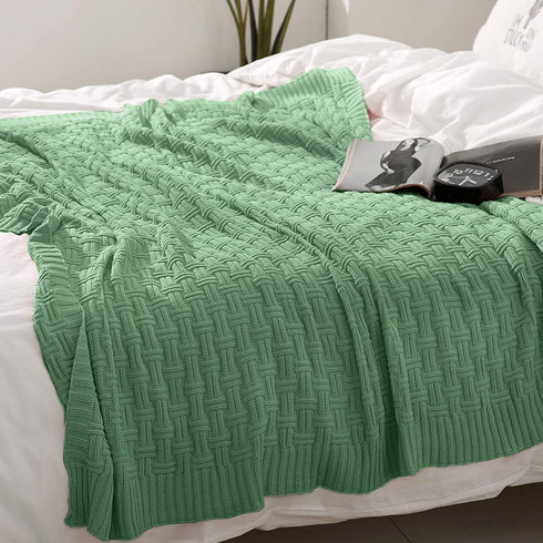 TREELY 100% Cotton Knitted Throw Blanket Couch Cover Blanket(50 x 60 Inches, Sage Green)