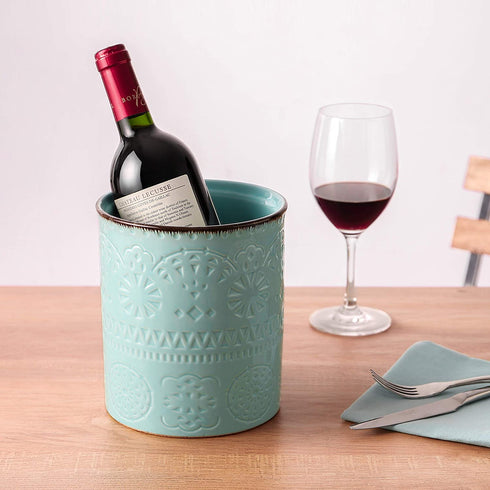 DOWAN Kitchen Utensil Holder, 7.2? Extra Large Farmhouse Utensil Holders for Countertop, Heavy Ceramic Utensil Crock, Anti Slip & Scratch Cork Bottom, Teal Utensil Organizer for Home Décor