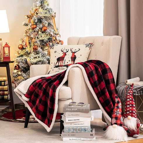 HBlife Sherpa Buffalo Plaid Christmas Throw Blanket for Couch 50X60 Inches, Super Cozy Fuzzy Fleece Warm Plush Holiday Decorative Cabin Blankets and Throws, Black and Red