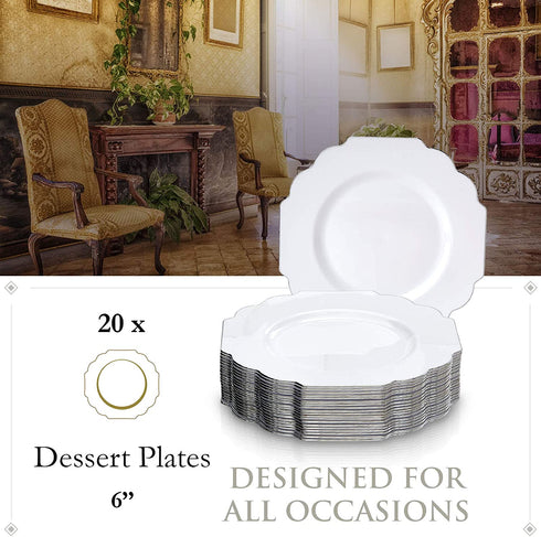 WEDDING DESSERT PLATES DISPOSABLE | Baroque Collection White | 10 PC - 6.5?