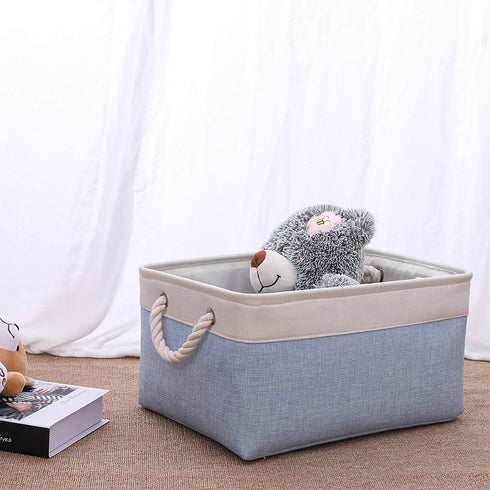 Fabric Storage Basket Set of 3, Foldable Linen Storage Box for Nursery and Home, Collapsible Canvas Shelf Basket for Wardrobe or Bedroom, Blue and White