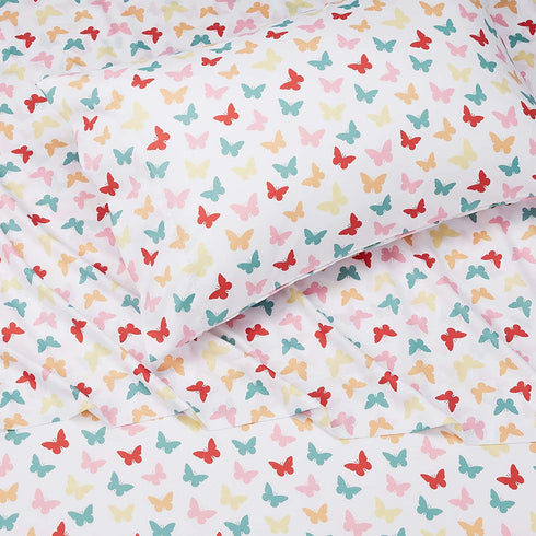 Amazon Basics Kids Butterfly Friends Soft, Easy-Wash Microfiber Sheet Set - Twin, Multi-Color Butterflies