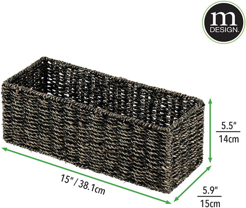 mDesign Natural Woven Seagrass Bathroom Toliet Roll Holder Storage Organizer Basket Bin; Use on Bathroom Countertop, Toilet Tank Top - Holds 3 Rolls of Toilet Paper - Black Wash