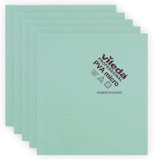 Vileda Professional | PVA Microfiber Green | All Purpose Cleaning Shammy | Shiny Streak Free Results | Synthetic Chamois Towel | Smooth & Absorbent Materials | 5 Pack